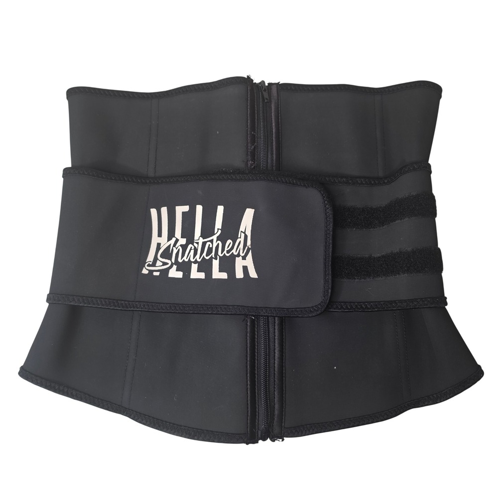 Hella Snatched Waist Trainer Women XL Black Latex Zipper Hook Loop Cincher Belt